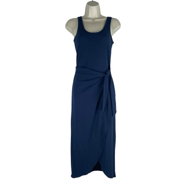 Socialite Scoop Neck Ribbed Knit Wrap Tie Midi Dress Navy Blue Size XS - Picture 5 of 12